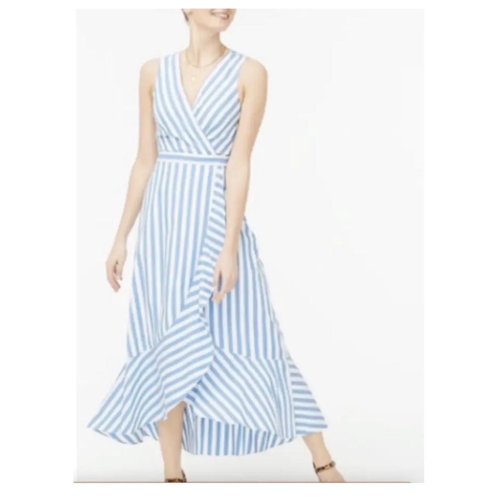 NWT J Crew Factory Cotton Poplin Ruffle V-Neck Wrap Dress size 8 blue white